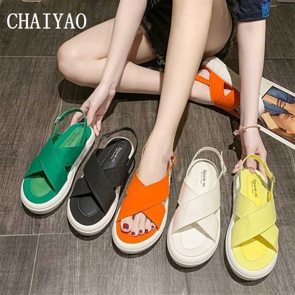 

platform women's sandals 2020 rome solid soft thick bottom female sandals open toe buckle strap non-slip flats women shoes, Black