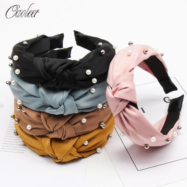 

2020 korean pearl knot headband for women girls fashion wide solid silk fabric twist hairband bezel hair hoop hair accessories
