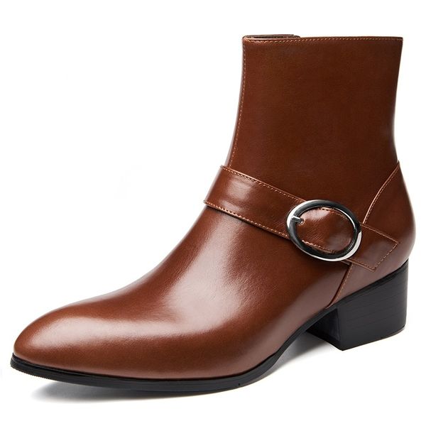 

winter 2020 fashion autumn buckle design genuine leather man pointed toe men business work shoes dress boots, Black