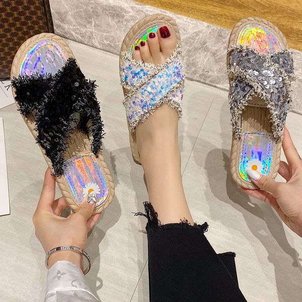

shoes fringe ladies' slippers luxury slides cross-tied jelly flip flops low designer flat soft glitter bonded leather pu rubber, Black