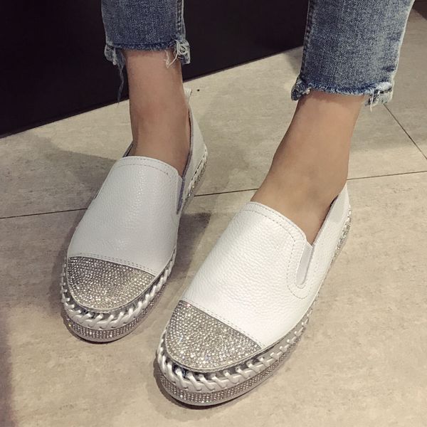 

european patchwork espadrilles shoes woman genuine leather creepers flats ladies loafers white leather moccasins b1, Black