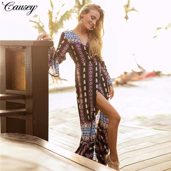 

2020 v lead printing horn sleeve dress woman nation long sleeve robe skirt, Black;gray