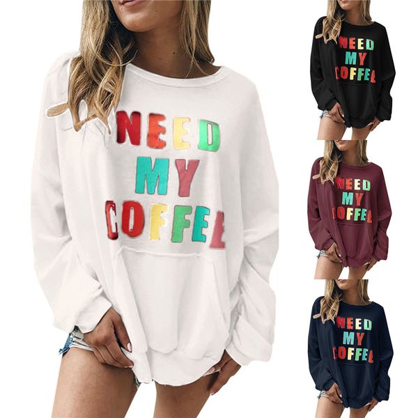 

letter o-neck womens hoodies need my coffee contrast color casual loose autumn womens designer sweatshirts spring female hoodies, Black