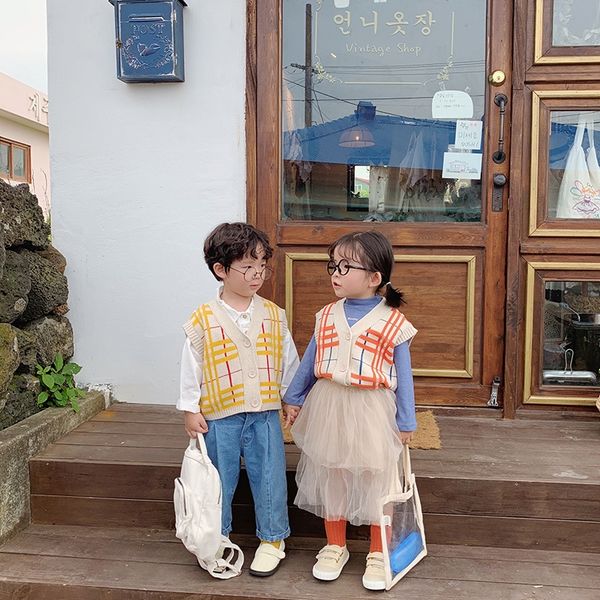 

children's sweater 2019 autumn men's baby vest sweater vest girl's thin korean style plaid waistcoat fashion, Blue