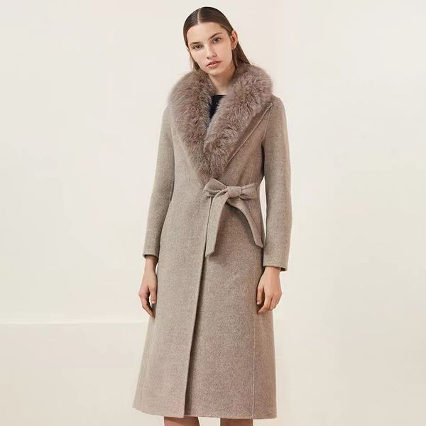 

wool female overcoat winter 2020 long coat with fur collar autumn women clothes, Black
