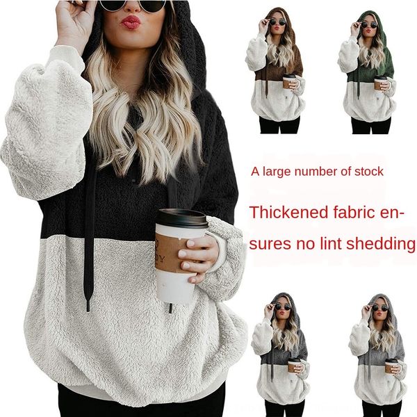 

hm1lg 2020 winter women's hooded plush color matching pocket loose 2020 winter women's jacket zipper zipper hooded plush color mat, Black