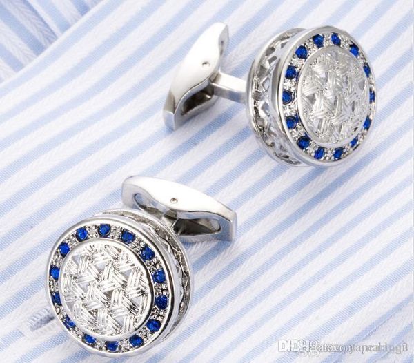 

french shirt cuff nail round hollow blue crystal cuff button men's business dress cuff button cufflink 390 #yamalang, Silver