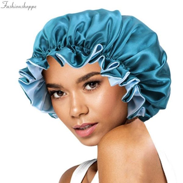 

oversized hair satin bonnet for shower cap satin double layer bonnet femme women night sleep cap head cover elastic band, Blue;gray
