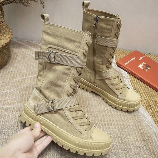 

women autumn platform mid calf boots female lace up punk motorcycle boot buckle strap zip ladies canvas leather shoes, Black