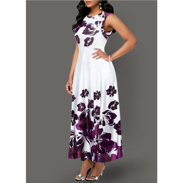 

large size elegant women's floral print long maxi dress evening party beach dress summer sleeveless long flower sundress costume, Black;gray