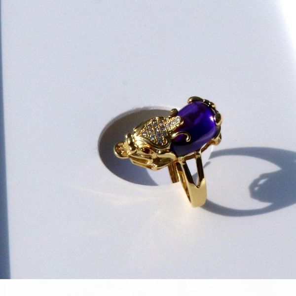

o men 's women 's antique 18 k solid gold gf 3d luck wealth pixiu purple onyx small diamond cz eyes filigree ring size open, Slivery;golden
