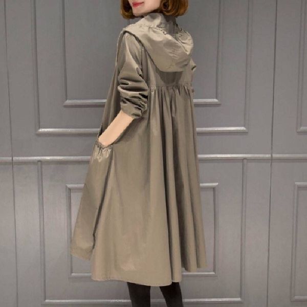 

2019 fall/winter new large size fat mm trench windbreaker coat hooded waist-tight mid-length thin loose coat, Tan;black