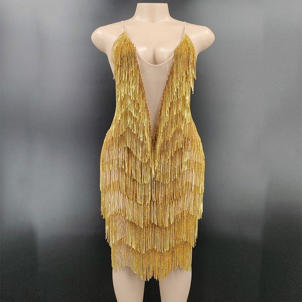 

new silver rhinestones golden fringes see through birthday celebrate dress prom outfit bar women dance dresses transparent, Black;red