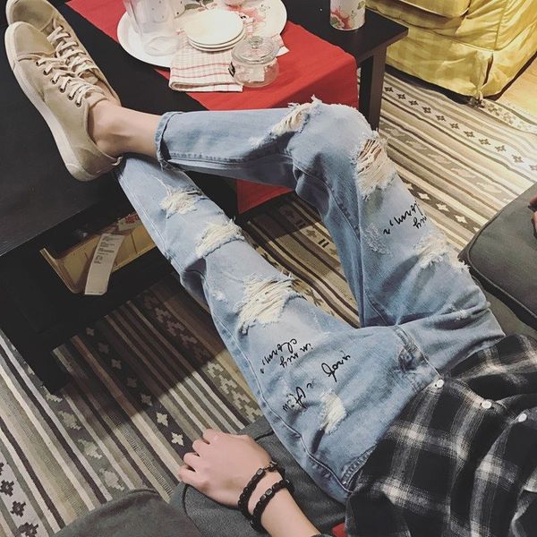 

summer ripped jeans men's slim fit woolen trousers woolen trouserstrendy student men's nine-point loose feet beggar knee shaved pa, Blue
