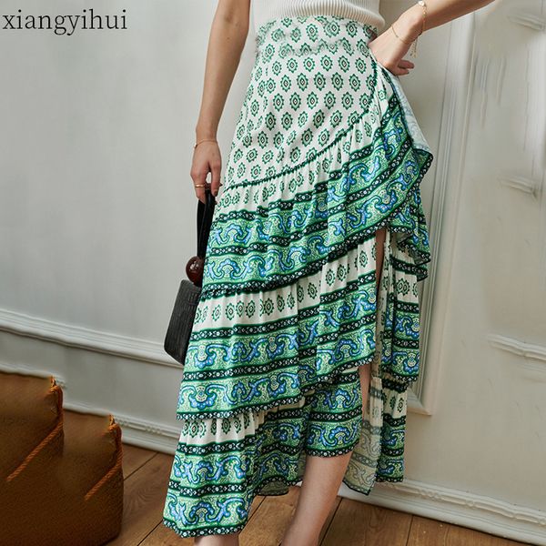 

vintage print ruffled long skirt women high waist summer asymmetric skirts fashion elegant chiffon split hem skirt new 2020, Black