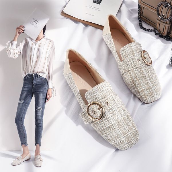 

mixed color slip on loafers women square toe cloth knitting flats metal buckle espadrilles pregnant slip on flat shoes woman, Black