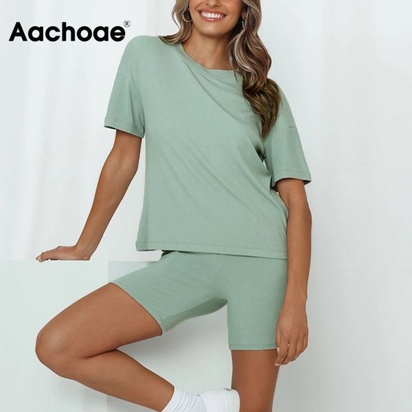 

aachoae solid 2 piece set women summer batwing sleeve casual sports t shirt+bodycon biker shorts set tracksuit sportswear suit, Gray