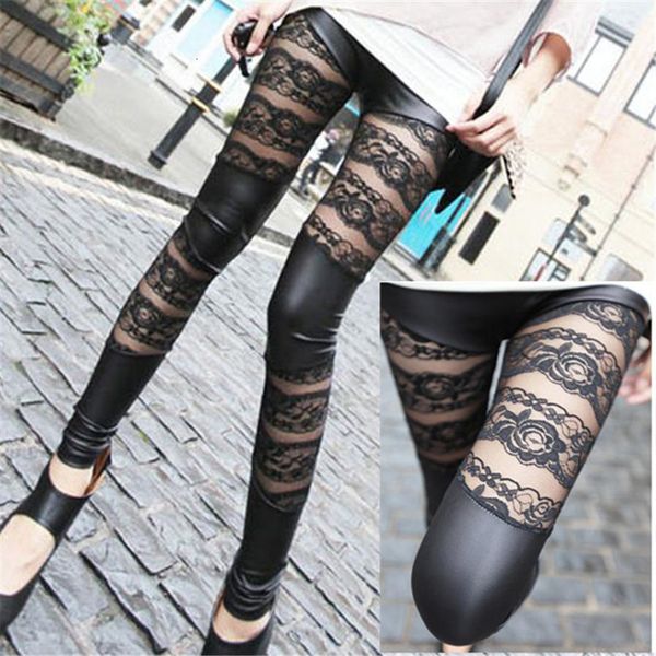 

new fashion lace patchwork artificial leather close fitting pants leggings black for women girls pantalon lolita style femme