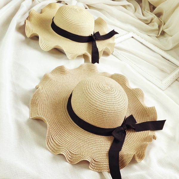 

straw sunscreen straw sunscreen travel black ribbon wave big eaves sun-proof hat women's korean beach casual sun hat, Blue;gray