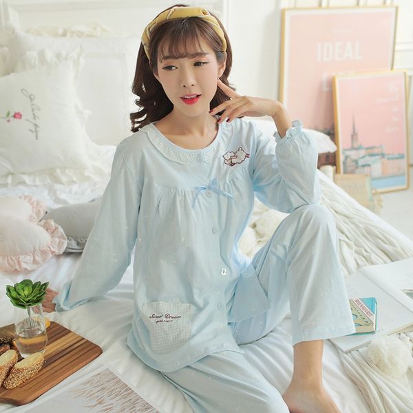 

moon clothes nursing pajamas cardigan pregnant women's pajamas cotton thin summer postpartum lactation summer nursing clothes set, Blue;red