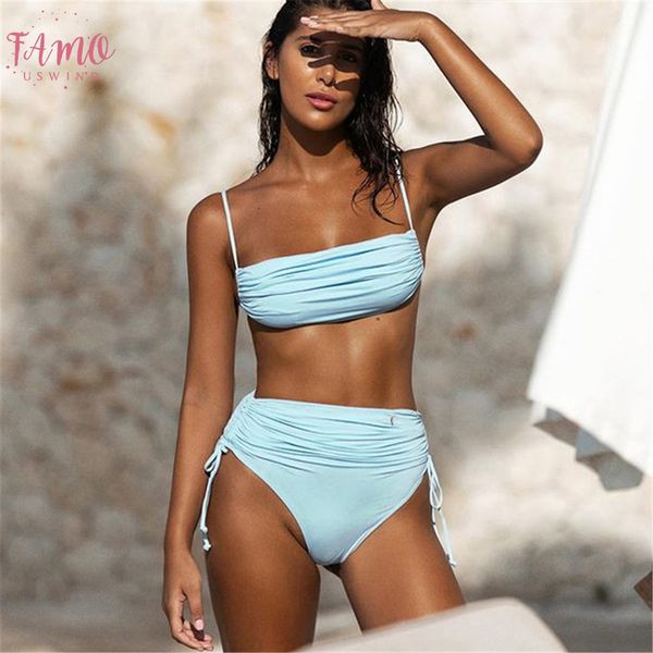

high waist bikini 2020 bandage swimwear solid dot bikini print pleated swimsuit knotted s xl ruffle thong padded beachwear, White;black