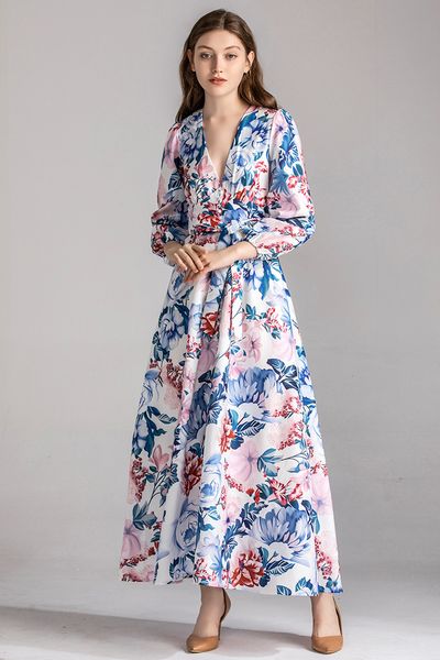 

717 2020 summer brand same style empire v neck flora print panelled long sleeve prom dress polyester yimi, White;black