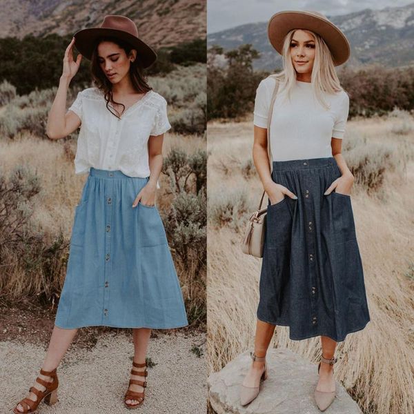 

new selling 2020 summer fashion stitching pocket all-match women's skirt light blue dark blue skirt, Black