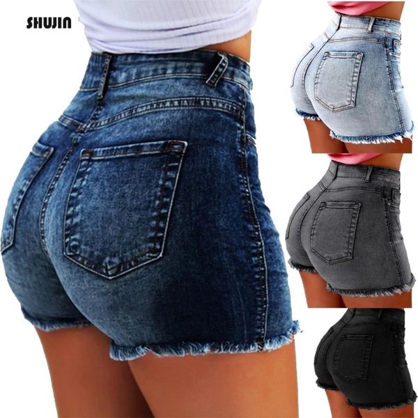 

shujin 2020 denim fringed women shorts bodycon ripped short jeans with tassel vintage hole shorts female plus size 3xl bottom, White;black