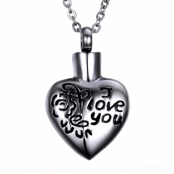 

stainless steel memorial jewelry heart i love you letters openabe urn pendant box ashes locket necklace keepsake pets urns chain necklace, Silver