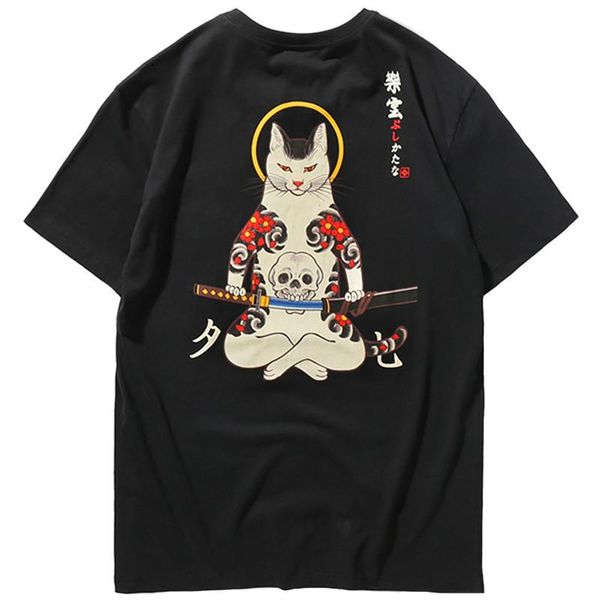 

januarysnow men harajuku t shirt japanese ninja cat skull tshirt hip hop streetwear ukiyoe embroidery t-shirts 2019 summer cotton tees, White;black