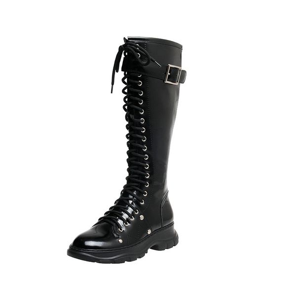 

boots high women autumn winter genuine leather warm side zipper cross tied round toe flat knee, Black