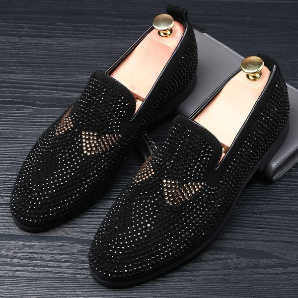

new dandelion monster spikes flat leather shoes rhinestone fashion mens loafers dress shoes slip on casual diamond pointed toe shoes, Black