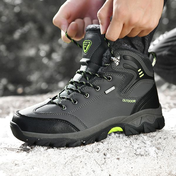 

men's waterproof high-cut outdoor hiking shoes fleece warm climbing trekking sneakers anti-slippery camping shoes leather