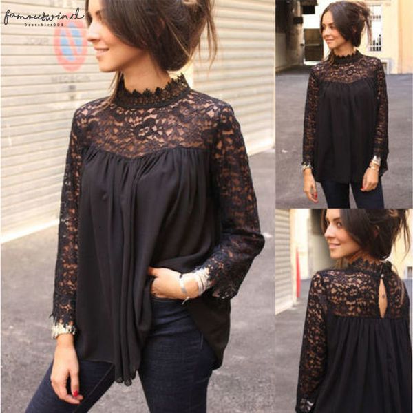

womens clothing ladies casual solid black blouse shirts women autumn long sleeve turtleneck lace blouses top, White