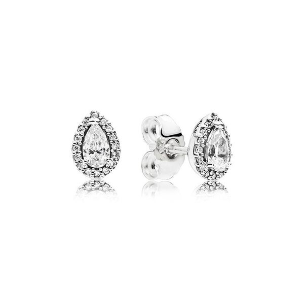 

cz diamond stud earrings for women luxury jewelry with box for pandora 925 sterling silver tear drop wedding earring set, Golden;silver