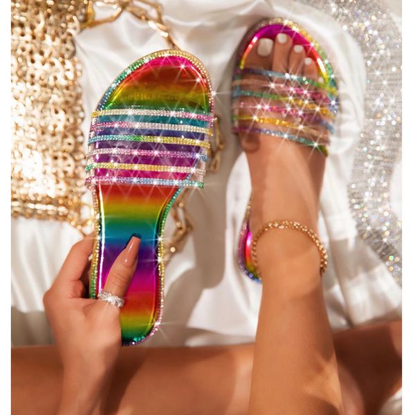 

summer new outdoor female beach slippers high-quality handmade fashion roman rhinestones plus size flat women's slippers, Black