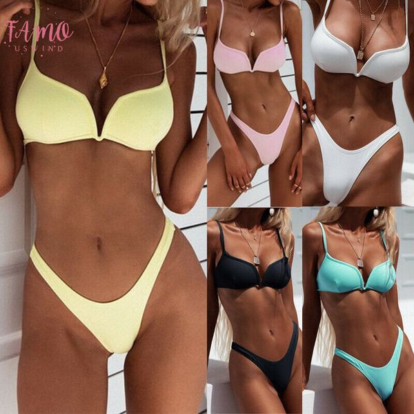 

2020 colorful deep v cut beachwear summer women strappy bikini set two piece swimwear mid waist thong v bottom beach set, White;black