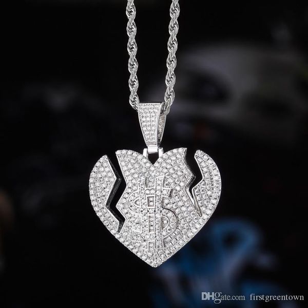 

creative trendy hiphop jewelry iced out cubic zircon large size broken heart money bag pendant necklace, Silver