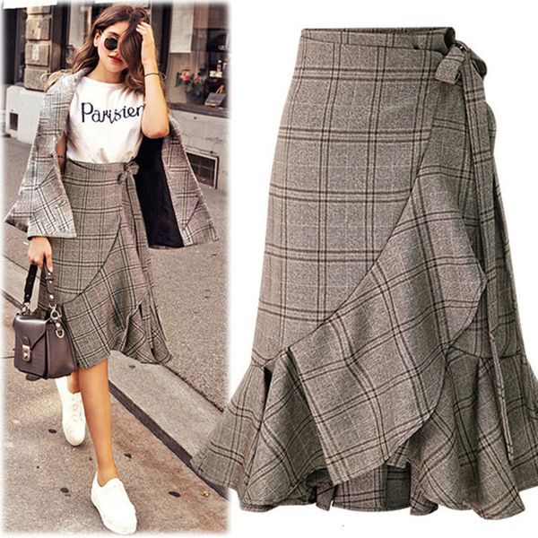 

autumn skirts women ruffle summer 2020 high elastic waist skirts plaid lady knee length pleated casual female skirts, Black