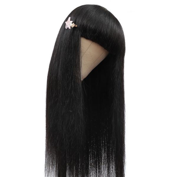 

popular style straight lace front malaysian wig with bangs 360 lace frontal wig bang wig human hair, Black;brown