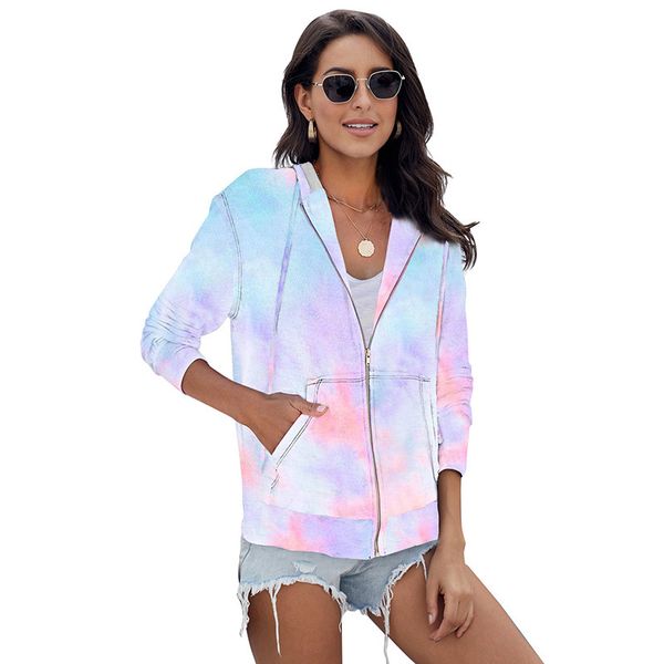 

shiying european and american cardigan long-sleeved sweater womens tie-dyed hooded pocket zipper cardigan womens sweater 253768, Black
