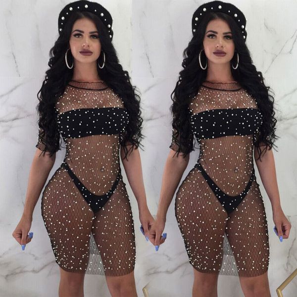 

2020 summer new style fashion sequins casual beading crystal mesh solid hollow out beading long suit beach, White