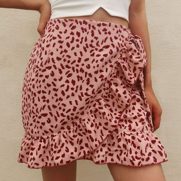

summer printed female ruffled high waist bow skirt women's mini skirt pink m size, Black