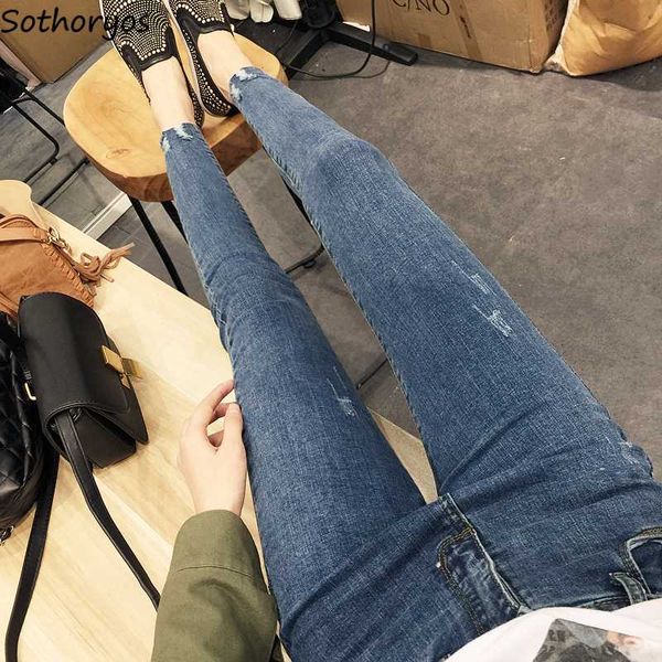 

jeans women pencil all-match skinny slender leisure korean style street fashion ripped vintage students summer chic new, Blue