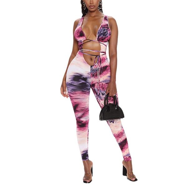 

women's jumpsuits & rompers tie dye deep v jumpsuit womens summer fashion sleeveless bodycon bandage romper women halter tank clubwear, Black;white