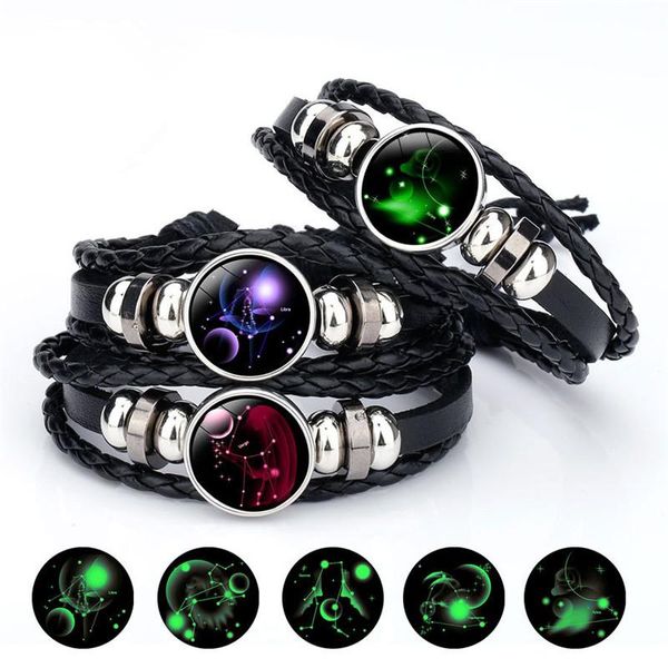 Mode Leuchtende 12 Konstellationen Leder Armband Sternzeichen mit Perlen Armreif Armbänder Für Männer Glow in the Darkness Schmuck