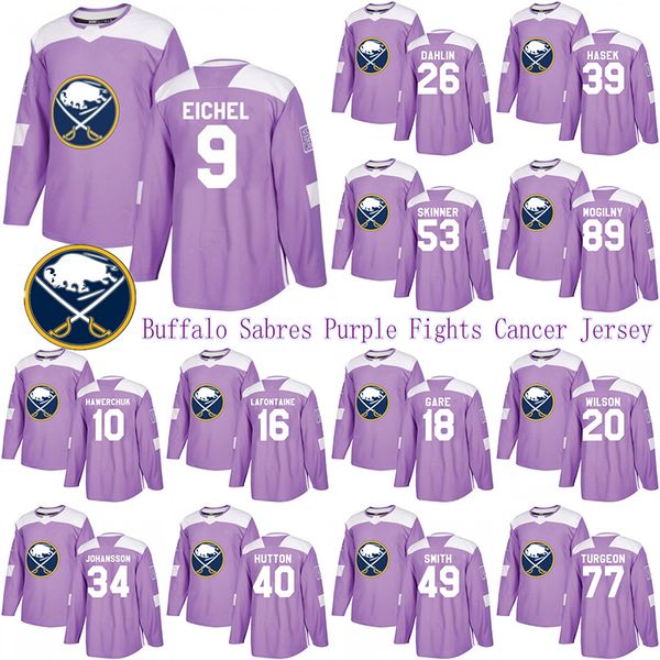 

buffalo sabres purple hockey fights cancer jersey 9 jack eichel 26 rasmus dahlin 53 jeff skinner 55 rasmus ristolainen hockey jerseys, Black;red