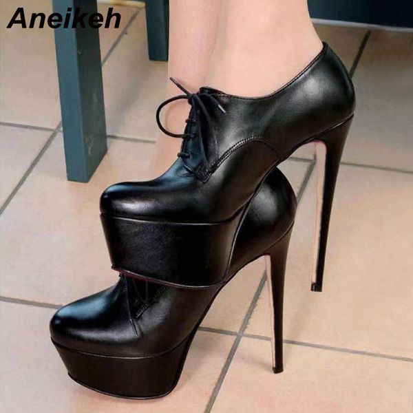 

aneikeh new high heel platform pumps leather shoes for women lace-up pumps 16.5 cm heels fetish stilettos female nightclub shoes t200804, Black