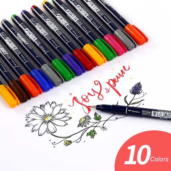 

tombow fudenosuke fude brush felt tip pen set art marker 10 colors drawing calligraphy sketch notes hand lettering doodling pens