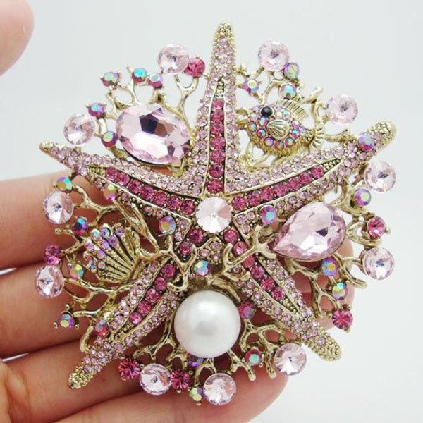 

wholesale- fashionable jewelry sweet pink rhinestone crystal starfish pearl gold-plated brooch pin pendant ing, Gray